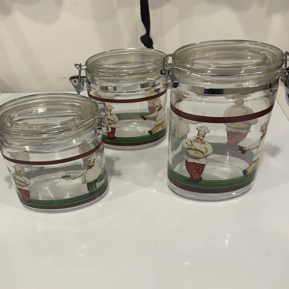 Vintage Fat Chef Glass Canister Set 3 Piece Oval Hinged Lid Kitchen Jars Bistro